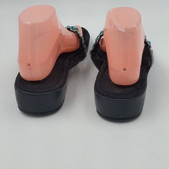 Minnetonka Black Thong Flip Flop Sandal w/ Silver Turquoise Flower Strap Size 11 - Picture 2 of 12